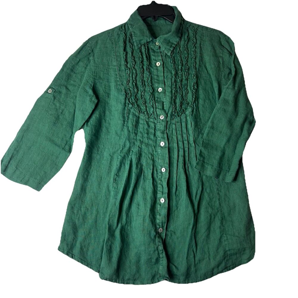 Unbranded Green Summer Core Classic Blouse Green Roll Tab Button Up Ruffle M